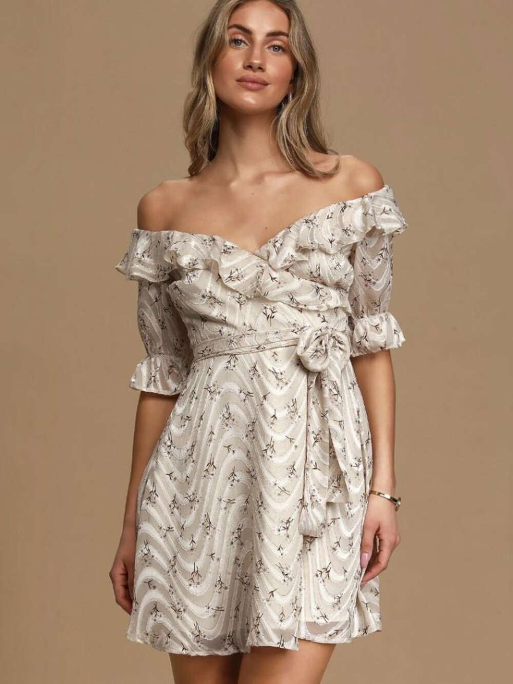 NWT Lulus Sunny Meadows Cream Floral Print Ruffled Mini Dress (size S) - Picture 2 of 9